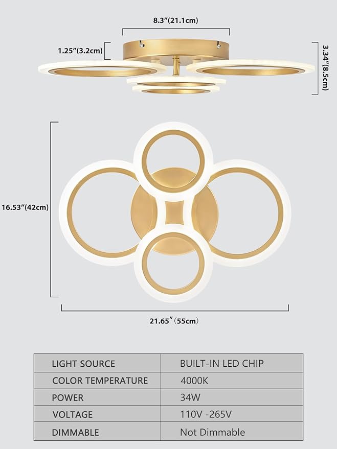 Vikaey Modern LED Flush Mount Ceiling Light, 4 Rings Gold Close to Ceiling Light Fixtures, Kitchen Lighting Fixture Lamp for Bedroom, Living Room, Laundry Room, 4000K Not Dimmable
