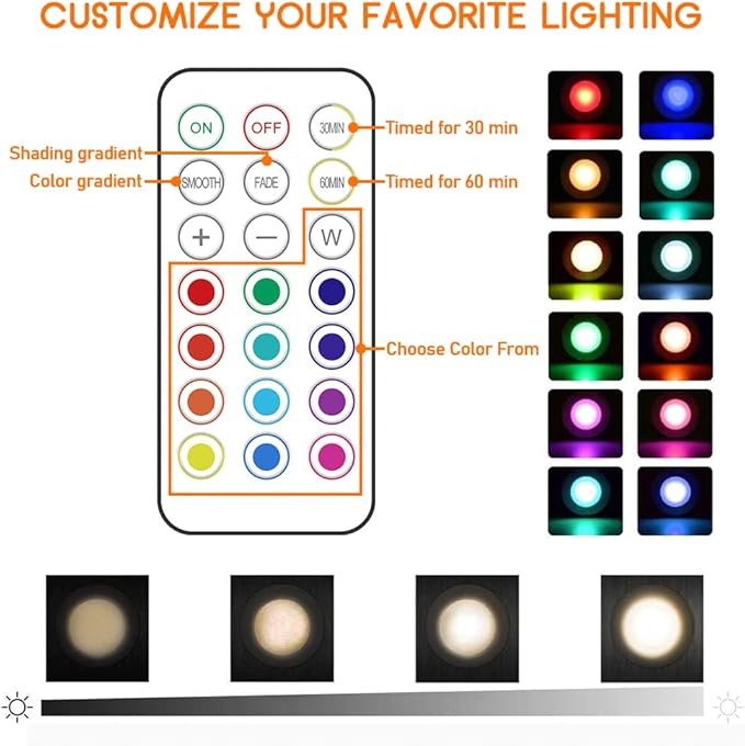 LED Puck Lights with Wireless Remote, 13 Colors RGB Dimmable Under Cabinet, Battery Powered Color Changing, Party Atmosphere for Kitchen Closet Counter, 6 Pack