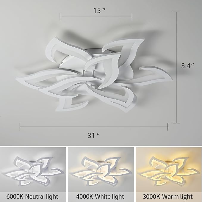 HuixuTe 31" White Modern Geometric Dimmable Ceiling Light Fixture, 9 Leaves Low Profile Flush Mount Ceiling Light for Kitchen, Bedroom, Living Room