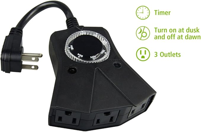 Outdoor Timer, 3 Outlets,Outdoor Timer Outlet Waterproof，Photo Senson,Dusk to Dawn,Suitable for Light String and Holiday Decoration TM-053