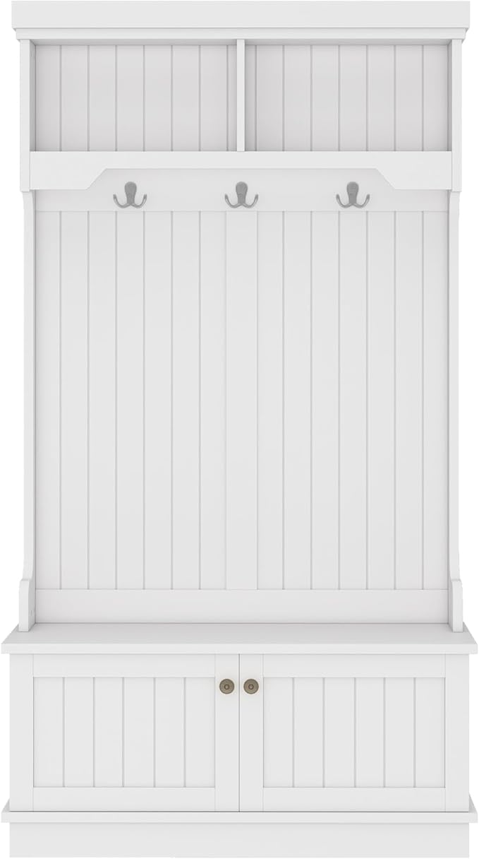 Modern Hall Tree with Storage Shoe Bench, 4-in-1 Design Coat Racks with Shoe Bench and Hooks, Multifunctional Hall Tree for Living Room, Entryway and Hallway (White/44f)