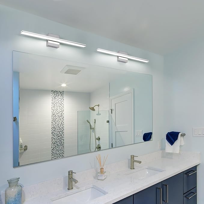 Chrome Bathroom Light Fixtures 24 Inch Bath Wall Lighting IP44 14W Vanity Lamp Bar Modern LED Lights for Vanity Rectangle Bathroom Lamps Over Mirror Acrylic Restroom Sink Light