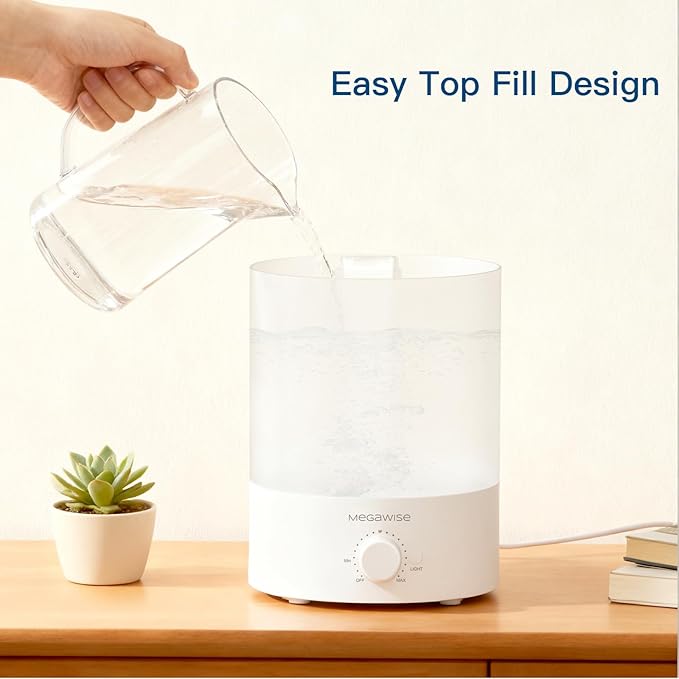 MegaWise Healthy Top-Refill Cool Mist Humidifiers for Bedroom, 24dB Ultrasonic Air Vaporizer with Water Filter for Baby [PP Material], Colorful Night Light,1 Gal Essential Oil Diffuser, Auto Shut Off
