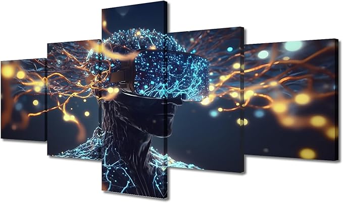 Brain Neural Human Head Modern Wall Art Artificial Intelligence Technology Pictures Contemporary Artwork Print On Canvas Bedroom Wall Art for Living Room Framed Ready to Hang, (50"Wx24"H)
