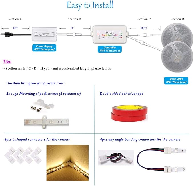 180FT (2X 90FT/Roll) 60LEDs/M 24V 5050 IP67 Waterproof RGB LED Flexible Strip Light w/Bluetooth Remote & Controller(Waterproof) and Power Supply(Waterproof)