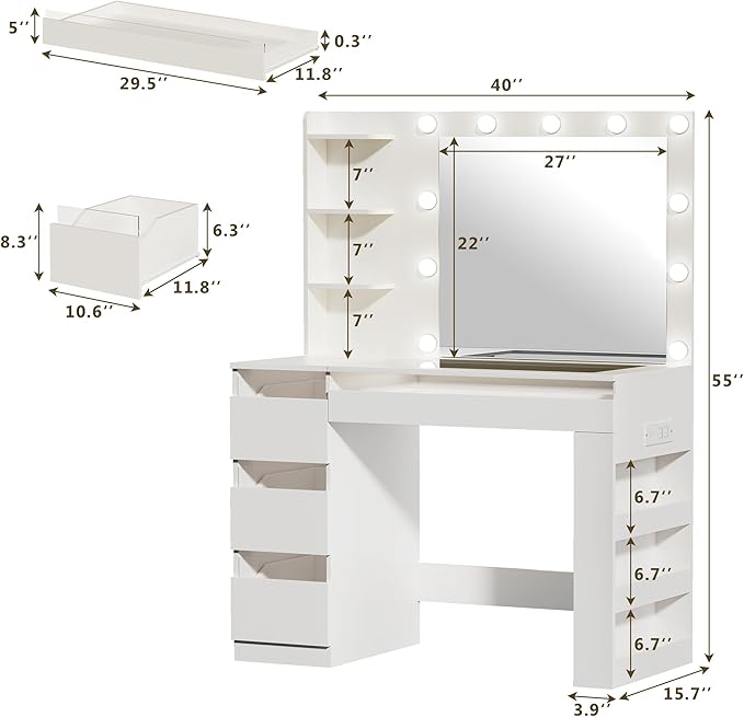 Vanity Desk with Lighted Mirror & Transparent Top, Makeup Vanity Desk with 4 Transparent Drawers and RGB Lighting, Built-in Power Outlet, 3-Tier Side Shelves & Storage Organizer for Bedroom