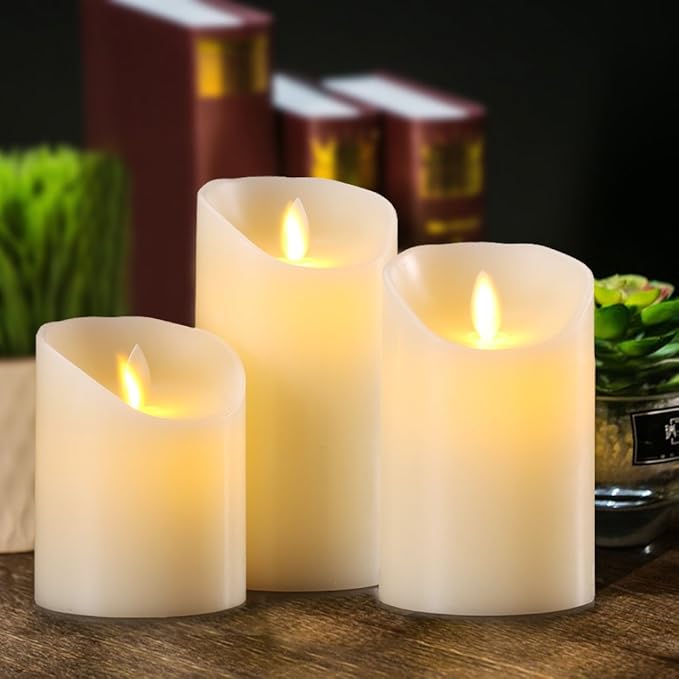 Flameless Candles Battery Operated Pillar Real Wax Electric LED Flickering Candle Sets with Remote Control Cycling 24 Hours Timer, 4" 5" 6" Pack of 3 (Ivory)