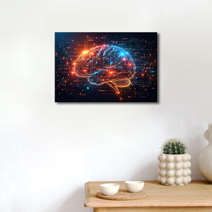 Brain's Neural Networks Wall Art for Living Room Digital Code Pictures for Bedroom Wall Decor Artificial Intelligence Painting Wall Decorations for House Human Brain Prtins Artwork 12"Wx18"Hx1 Panel