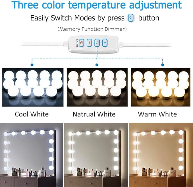 LED Vanity Lights for Mirror, Hollywood Style Vanity Lights with 10 Dimmable Bulbs, Adjustable Color & Brightness, USB Cable, Mirror Lights Stick on for Makeup Table Dressing Room (14 Lights)