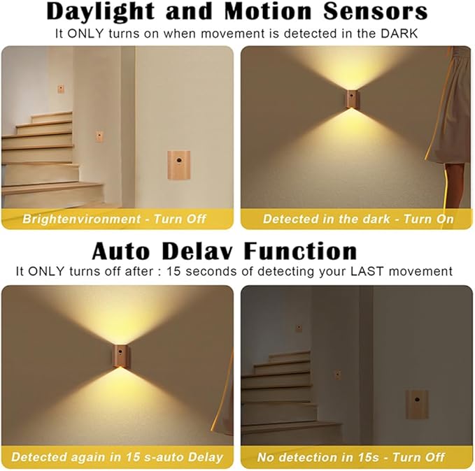 LANDGOO 1-Pack Wood Step Light with Motion Sensor, Rechargeable Stair Night Light, Beech Wood 2700K Warm White LED Wall Lamp, Easy No-Wire Installation for Hallway Bedroom