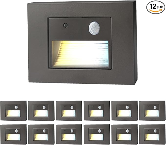 Horizontal LED Step Lights, Motion Sensor & Dusk to Dawn, IP65 Waterproof, 3000K-5000K Adjustable, 3W 120V Bronze Stair Lights Tread Lighting Indoor Outdoor, ETL Listed - 12PK