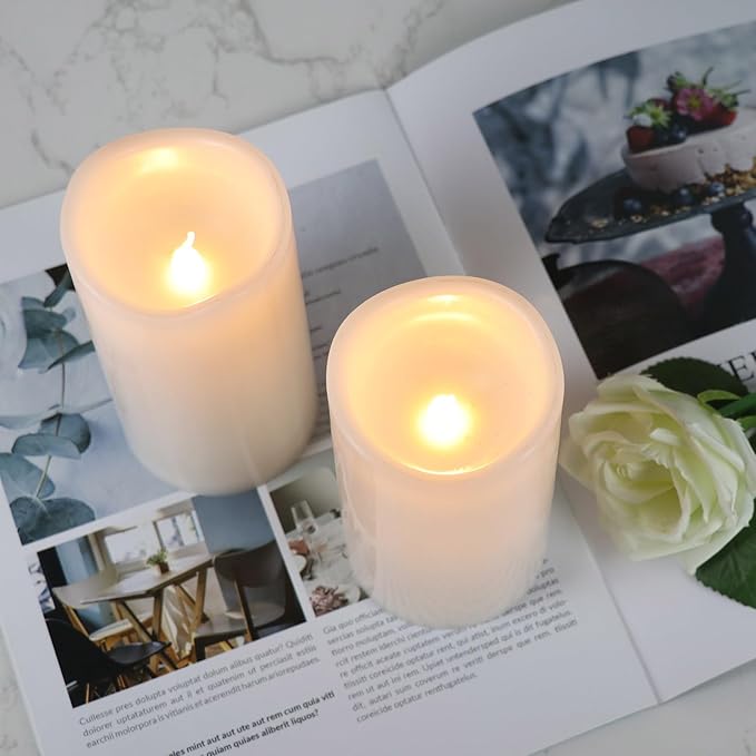 Eldnacele Waterproof Flameless Flickering Candles with 6 Hours Timer, Indoor Outdoor White LED Plastic Battery Operated Pillar Candles Pack of 2 for Wedding Festival White, D3”x H 6”