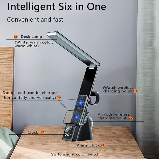 IHAO 6in1 Multifunctional Foldable LED Desk Lamp with Wireless Charger Digital Alarm Clock Eye-Care Lighting 3 Color Modes 15W Qi Charger for Phone/Headphones, Apple Watch Compatible-Black
