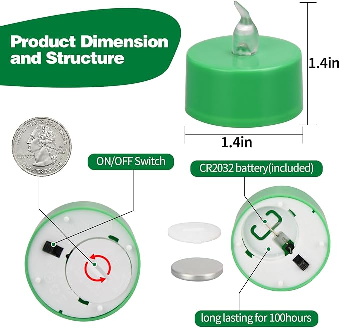 KOABY 24 Pack Green Light Non-Flickering Flameless Tea Lights, Green Base, Last 100H+, Battery Operated Tea Lights for Decor