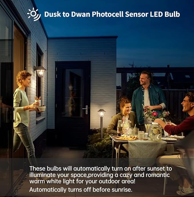 4 Pack Dusk to Dawn LED Light Bulbs 10W(75W Equivalent), 3000K Soft White 1100LM,E26 A19 Automatic Sensor Bulb, Built-in Photocell Detector for Garage Door, Porch, Outdoor Lighting(Non-Dimmable)
