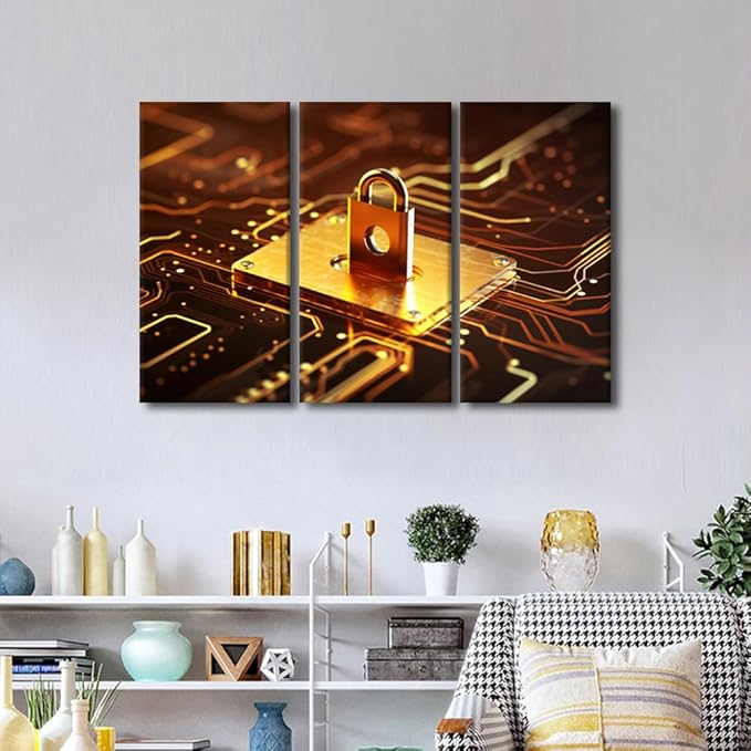 Wall Art for Living Room 3 Panel Padlock on Circuit Board Neon Gold Posters and Prints for Home Hotel Office Wall Decorations, Wooden Framed Gallery-Wrapped Ready to Hang, 42" Wx28 H