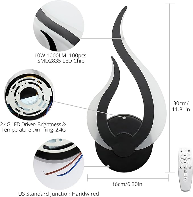 Modern Wall Sconce Set of 2, Wall Light Hardwired with 2.4G Remote Control, 10W LED Black Wall Mounted Lights, 3000K-6000K Dimmable, LED Wall Lights for Living Room Bedroom Hallway Bedside