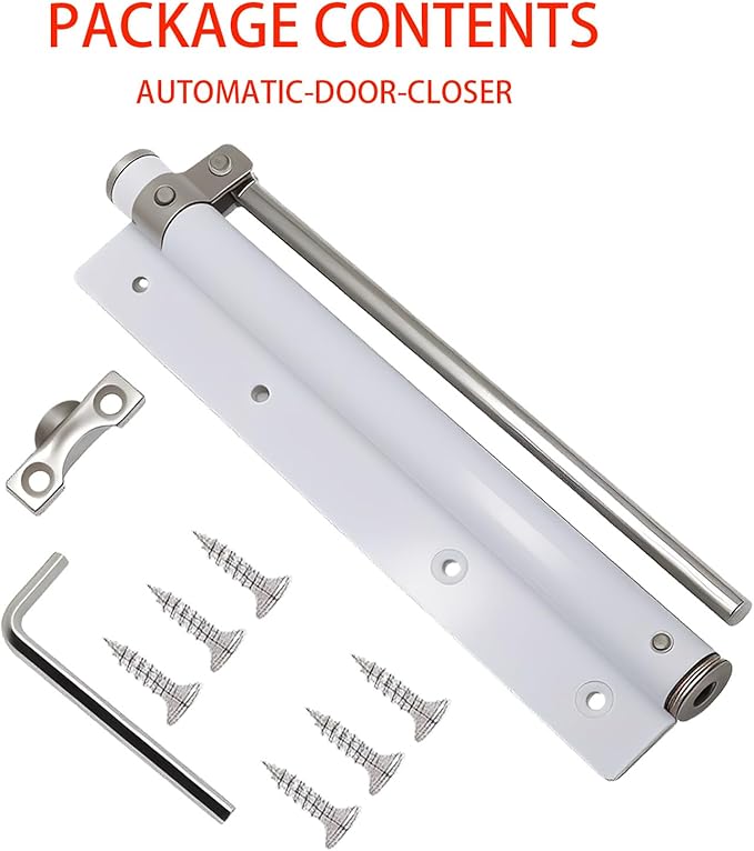 Automatic Door Closer, Adjustable Speed Self-Closing Door Latch for Home & Commercial Use, 150-Degree Opening Angle, Stainless Steel with Screws, Wrench, Force Arm