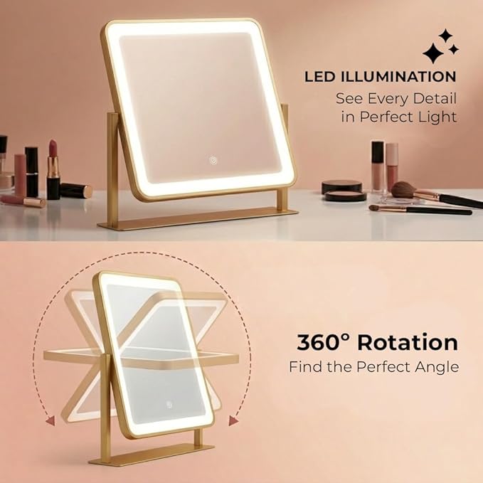 Vanity Mirror with Lights, 12"×14" Makeup Mirror with Lights, LED Makeup Mirror, Brightness Adjustable, Smart Touch with 3 Color Lighting Modes, for Bedroom Tabletop - Gold