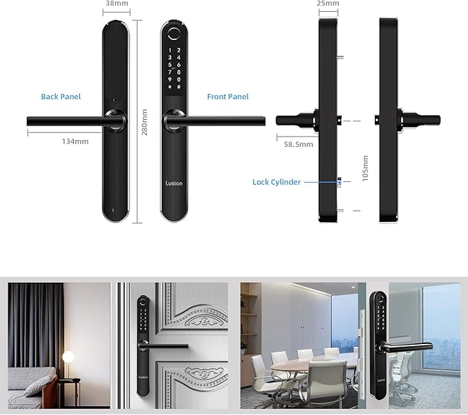 Luston Slim Smart Lock Front Door Stainless Steel Waterproof Mortise Lock,Keyless Entry Door Lock,WiFi Bluetooth Fingerprint Digital Keypad Aluminum Swing Door Lock with Handle(Black)