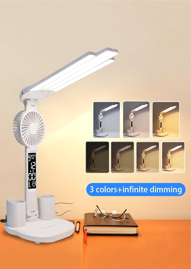 Led Desk Lamp with Fan Study Light with Clock, Adjustable Foldable Table Lamp with Pen Holder, 3 Brightness Levels, USB Charging Port