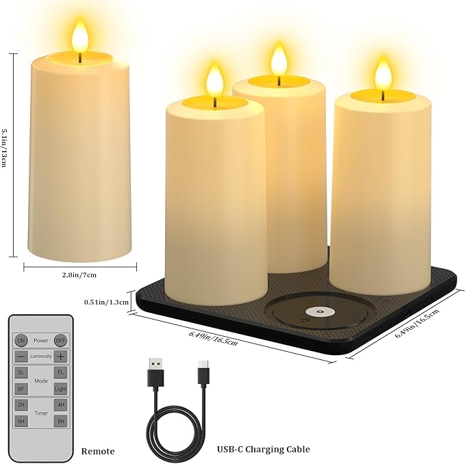 PChero Rechargeable Flameless Candles with Remote & Magnetic Charging Base, Outdoor Waterproof Battery Operated Pillar Candles, 4 Pack LED Fake Candles, Long Lasting, 2.76" D x 5.12" H