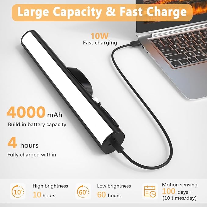 Battery Powered Operated Wall Strip Lights, Motion Sensor LED Light Bar Indoor, Rechargeable Magnetic Under Cabinet Lighting Wireless with Remote Control for Closet Mirror Kitchen - Black