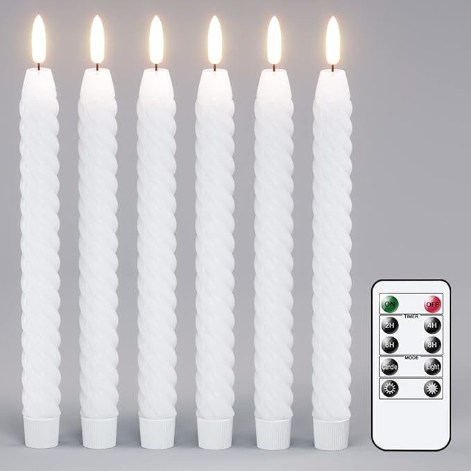 Flameless Taper Candles White Flickering with Remote Timer, Battery Operated Candlesticks 3D Wick LED Spiral Candles 6 Pack 9.8" Real Wax Wedding Home Birthday Christmas Decor