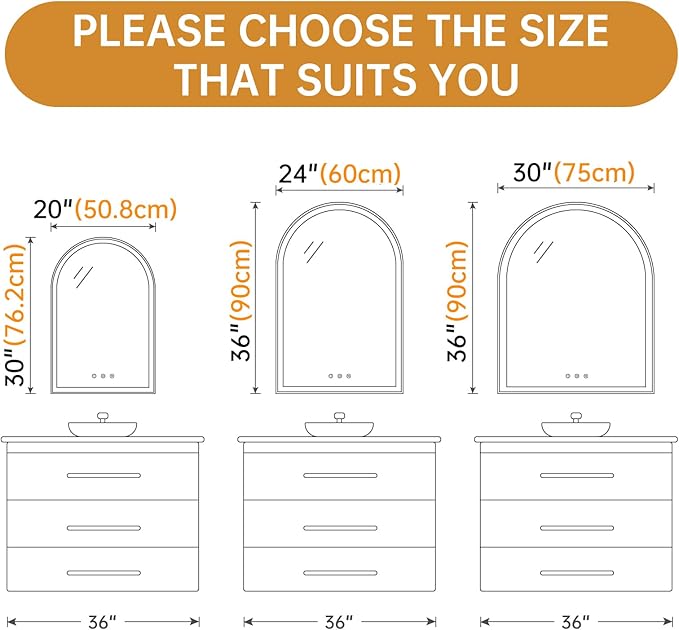 Arched Backlit Mirror Bathroom 30"x36"- Frameless LED Bathroom Mirror with Lights, Fogless, Dimmable, 3 Color Changing, Shatterproof, Touch Sensor