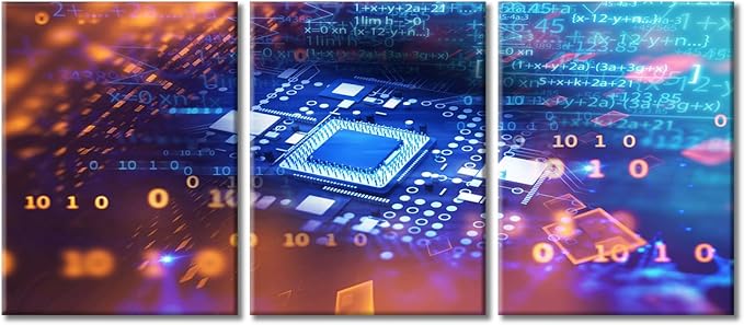 3 Piece Motherboard Digital Chip Information Wall Decor Computer Processors CPU Art Prints Wall Decor Living Room Giclee Wooden Framed Gallery-Wrapped Ready to Hang (36" Wx16 H)