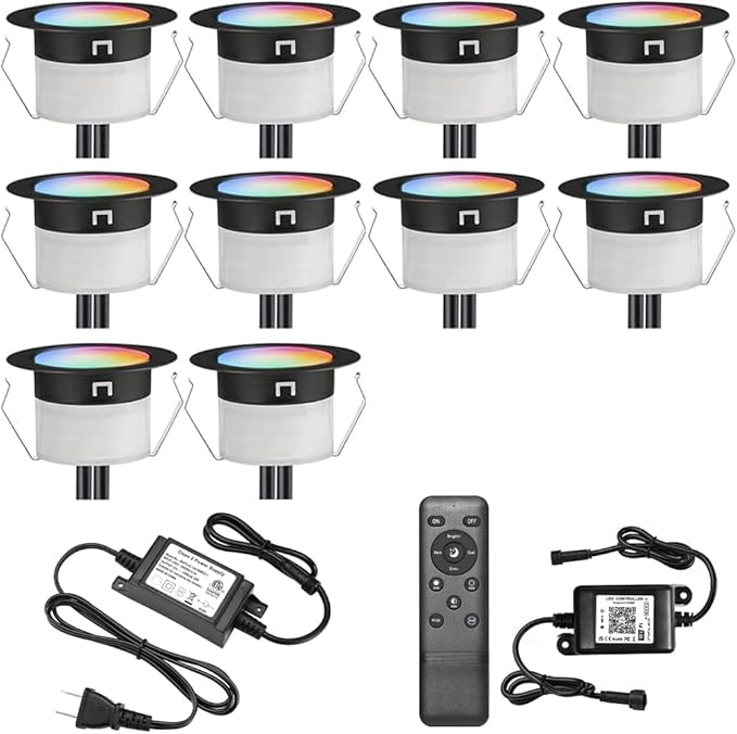 Sumaote 10Pcs WiFi RGBW Deck Lights Kit, 1.22" Recessed Low Voltage Step Lights Outdoor, IP67 Waterproof RGB and 3000K Dimmable Landscape Lighting for Stairs Path Pool Side, Smart APP Control