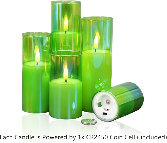 Eywamage Green Glass Flameless Candles with Remote Batteries, LED Pillar Candles Flickering Spring Home Decor Set of 5