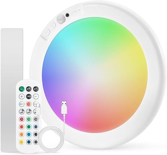 Combuh Rechargeable RGB Shower Lights - 12 Color Changing Ambient Light + Cool White, Motion Activated & Remote Control, Waterproof Cordless Wall Lamp LED for Closet, Pantry, Bedroom, 7.48 Inch