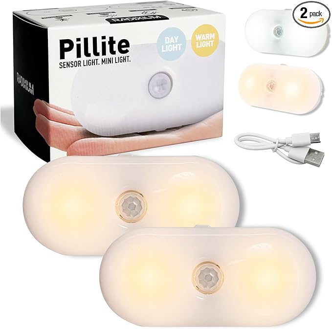 Rechargeable Motion Sensor Night Light, 2-Color White & Warm Toilet Light with Auto/On Mode, Magnetic & Adhesive Installation for Bathroom, Bedroom, Hallway (2 Pack)
