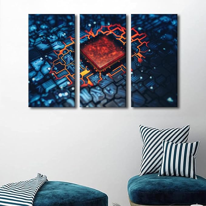 Wall Art for Living Room Home Decor Posters and Prints Circuit 3 Pieces Rustic Decoration Motherboard Digital Chip Artwork Black and White Wall Art Print on Canvas Framed Ready to Hang(40"Wx60"H)