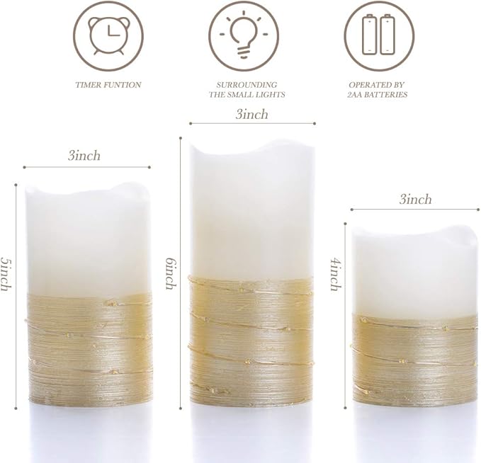 BeMoment Flickering Flameless Candles with Timer, Battery Operated Candle Embedded String Lights, Gold Paint Finish, Ideal for Home Decor, Holidays, and Festivals, 3pcs (D 3" x H 4" 5" 6")