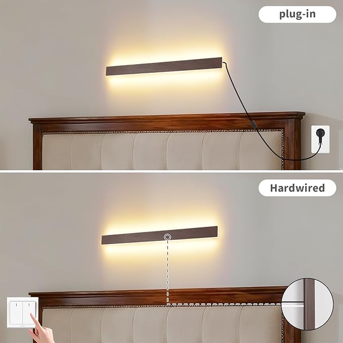 Farmhouse Plug in Wall Sconces, 23.6 inch Faux Walnut Finish LED Long Wall Lights, 12W Warm White 3000K Acrylic Indoor Wall lamp,with 59" Plug Cable for Bedroom, Living Room, Bathroom Makeup, Hallway