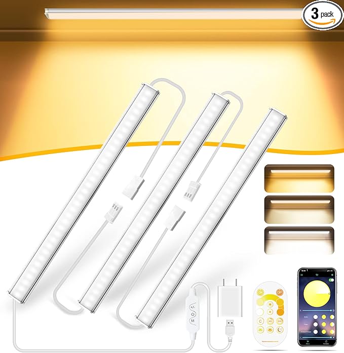 Daymeet Dimmable 12 Inch Ultra Thin Under Cabinet Lighting, Under Cabinet Lights Plug in, Multi-Color Super Bright LED Lights Bar Under Counter Lights Indoor for Kitchen, Shelf, Closet, Desk (3 Pack)