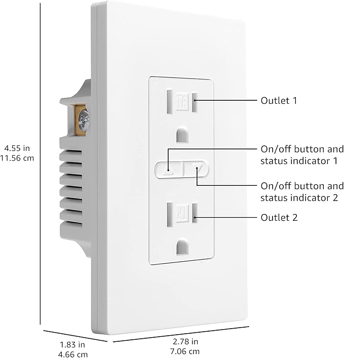 Amazon Basics Smart In-Wall Outlet, Works with Alexa Only, Individually Controlled Outlets, Voice Control, WiFi, 15 Amps, 2.4 GHz, No Hub Required, White