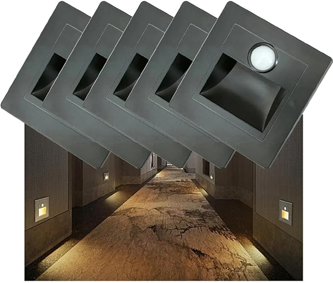 Motion Sensor Stair Lights 3W 3000K Recessed LED Step Light Indoor Stair Step Wall Lamp Staircase Bedroom Decoration 5Pcs Black