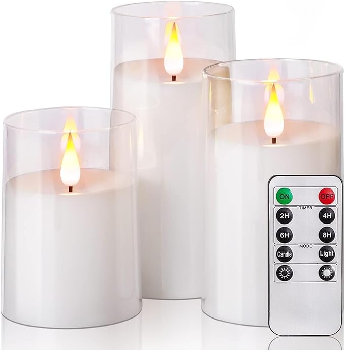 NICEME Flickering Flameless Candles with Remote Control Timer Unbreakable Acrylic Battery Operated LED Candles with Flickering Flame 3D Wick for Romantic Ambience Home Decor Set of 3, D3” xH4” 5” 6”