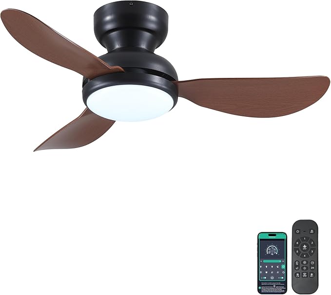 36 Inch Ceiling Fans with Lights, Small Flush Mount Ceiling Fan, Remote/APP Control, 3 Reversible Curved Blades, 6 Speeds, 3 CCT Dimmable Lights for Bedroom Kids Room, Brown