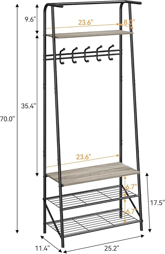 OUTLANE Entryway Hall Tree with 5 Hooks, Shoe Bench & Storage Shelf, Coat Rack Organizer with Wood Accents and Metal Frame for Entryway, Living Room, Bedroom, Gray-Single row