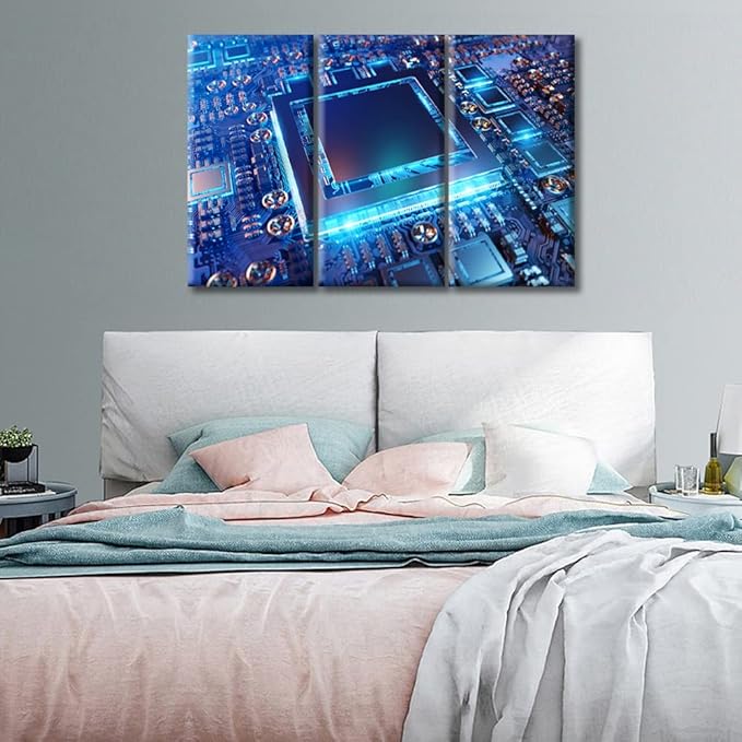 TUMOVO Home Decor Computer Processors CPU Poster Artwork Pictures Bathroom Decor Wall Art 3 Panel CPU Concept Contemporary Home Decor Print on Canvas Framed Ready to Hang (36" Wx24 H)