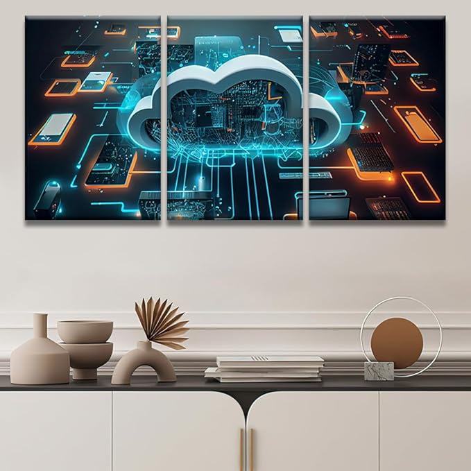 Cloud Technology,Cloud Computing Pictures for Bedroom Wall Decor 3 Panel Wall Art Print on Canvas Posters and Prints Wall Hanging Decor Modern Home Decor Canvas Frame Artwork Ready to Hang 16x24inchx3