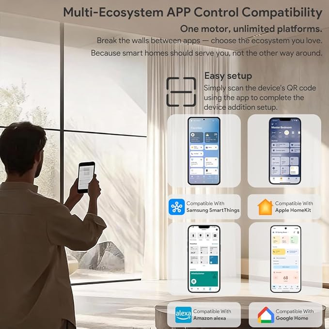Automatic Curtain Opener, Pre-Assembled Motorized Curtains Track System with Remote, Matter Over Thread Smart Curtains, 2200mAh Rechargeable Battery, App/Voice Control (3.0 meters (118.1 inches))