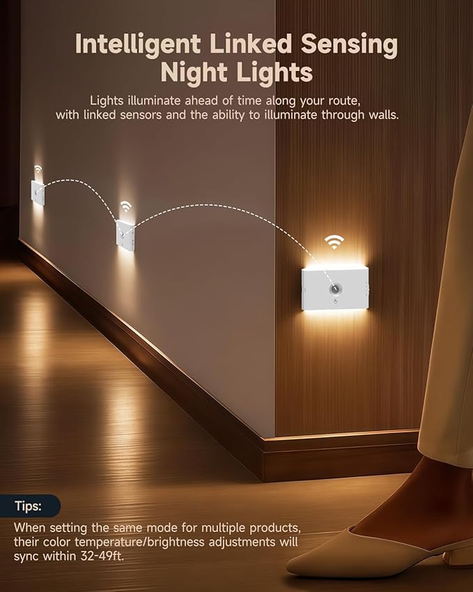 Yiliaw 6-Pack Rechargeable Motion Sensor Stair Lights White, Dimmable Night Lights with 3 Modes & 3 Color Temperatures, Magnetic, Stick-On Stair Lights Indoor for Hallway, Stairway, Bathroom, Kitchen