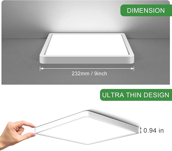 9Inch 18W Square LED Ceiling Light Fixtures Flush Mount, 5000K Daylight White LED Ceiling Lamp, Surface Mount Modern Ceiling Lights, Slim Flat Panel Lighting for Bedroom, Kitchen, Bathroom Etc.