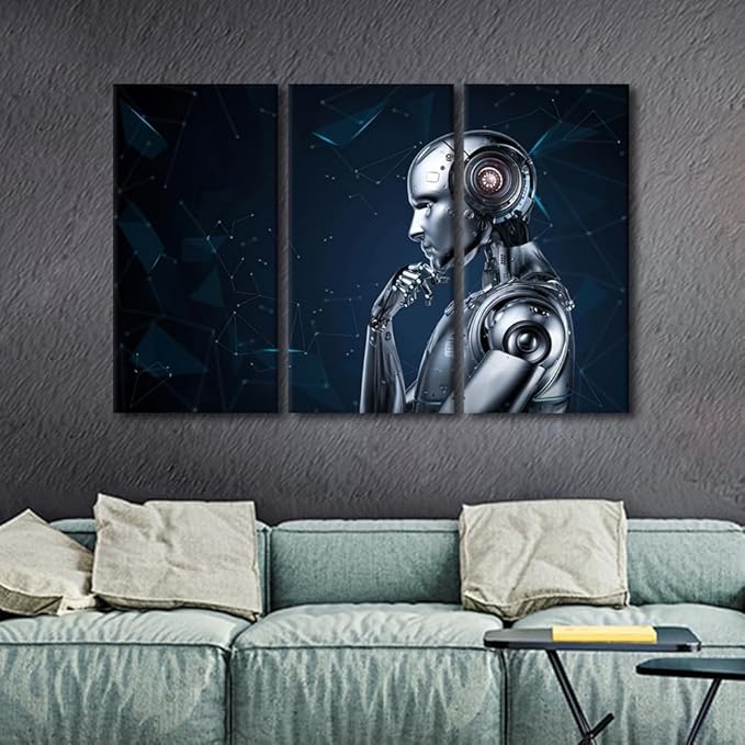 TUMOVO Robot Wall Art Prints on Canvas AI Intelligence Wall Pictures Modern Decor for Home Walls 3 Pieces Canvas Wall Art Paintings Wall Decor Giclee Artwork Ready to Hang, 60" Wx40 H