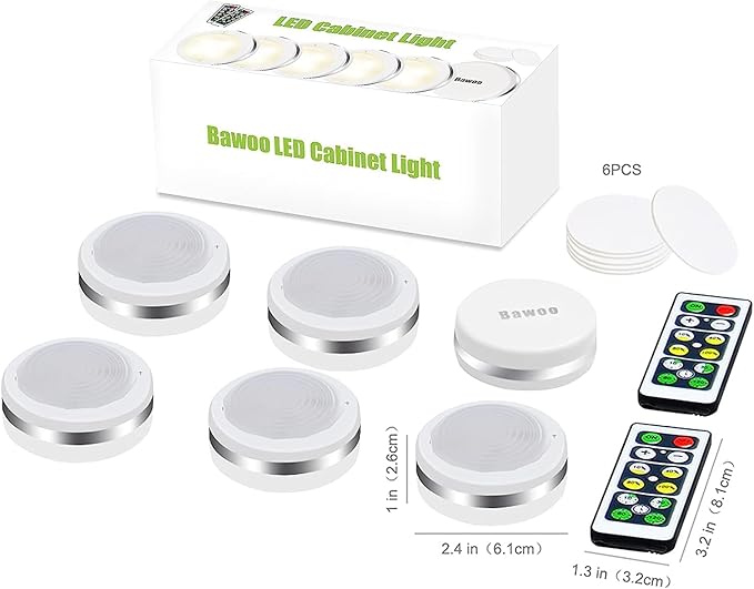 LED Puck Lights 6 Pack, Remote Control, Warm White Brightness Dimmable Battery Powered Touch Closet Cupboard Kitchen Wardrobe Lights